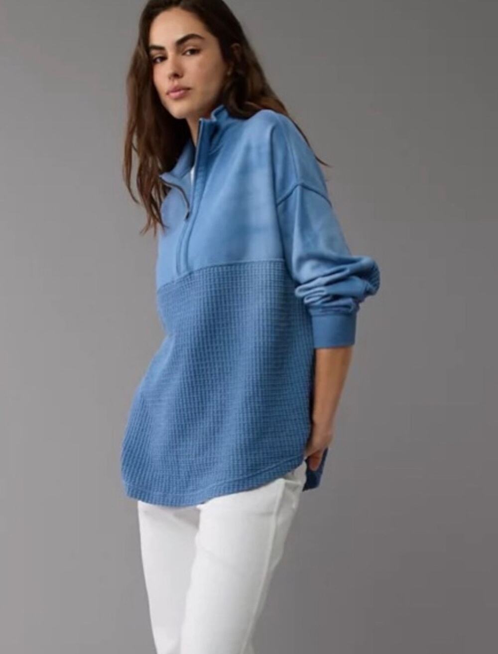 American Eagle Oversized Half-Zip Sweatshirt Womens Size L/XL Sky Blue *EUC